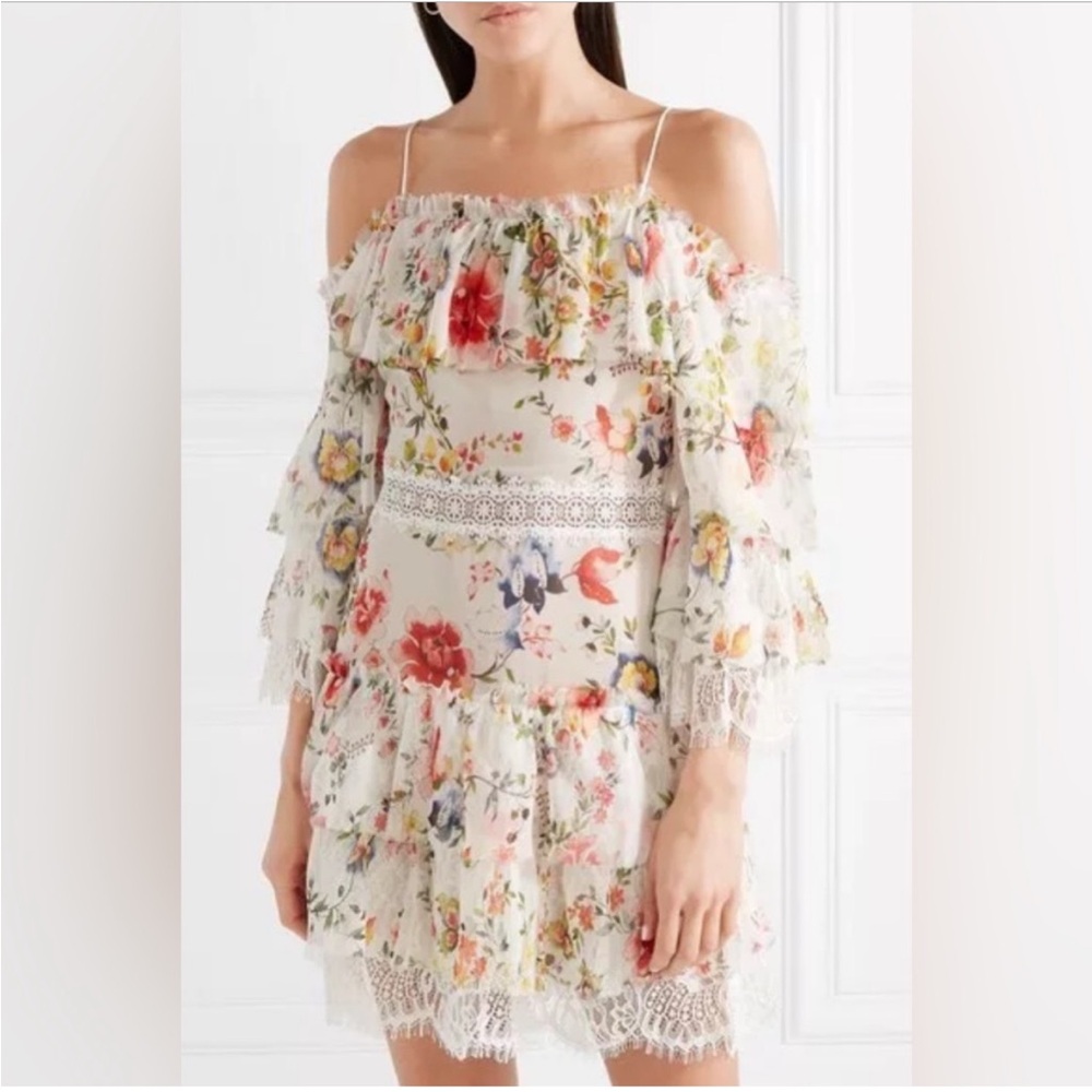 Alice + Olivia Santos Cold Shoulder Lace Trimmed Floral Silk Dres